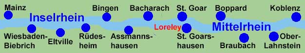 Rheinlauf vom Inselrhein und Mittelrhein mit Mainz, Wiesbaden-Biebrich, Eltville, Rüdesheim, Bingen, Assmannshausen, Bacharach, Oberwesel, St. Goar, St. Goarshausen, Boppard, Braubach, Ober-Lahnstein und Koblenz